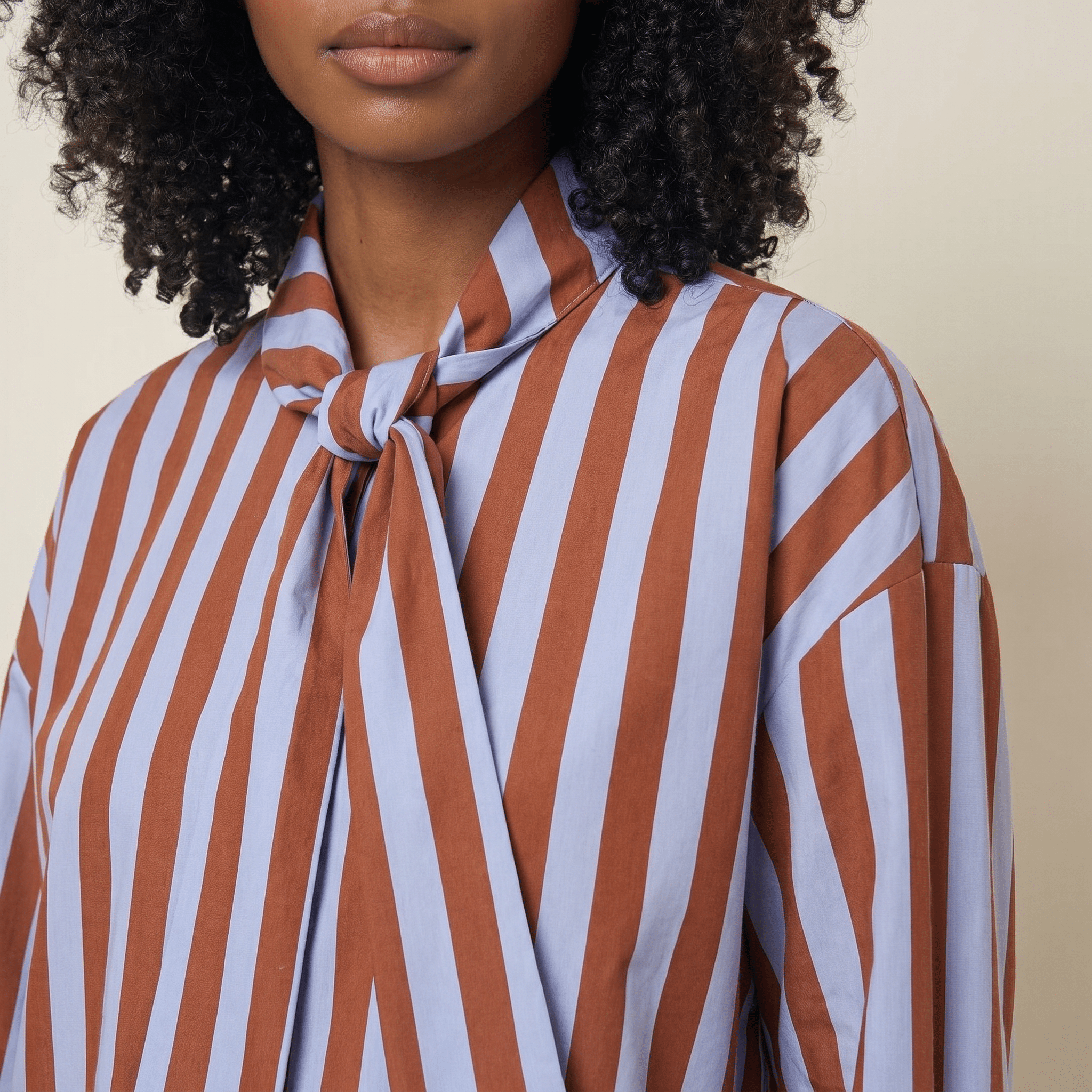 Blouse Women Loose Fit Long Sleeve Bow Neck Striped Design - Evergreen Outfits - Women Blouse