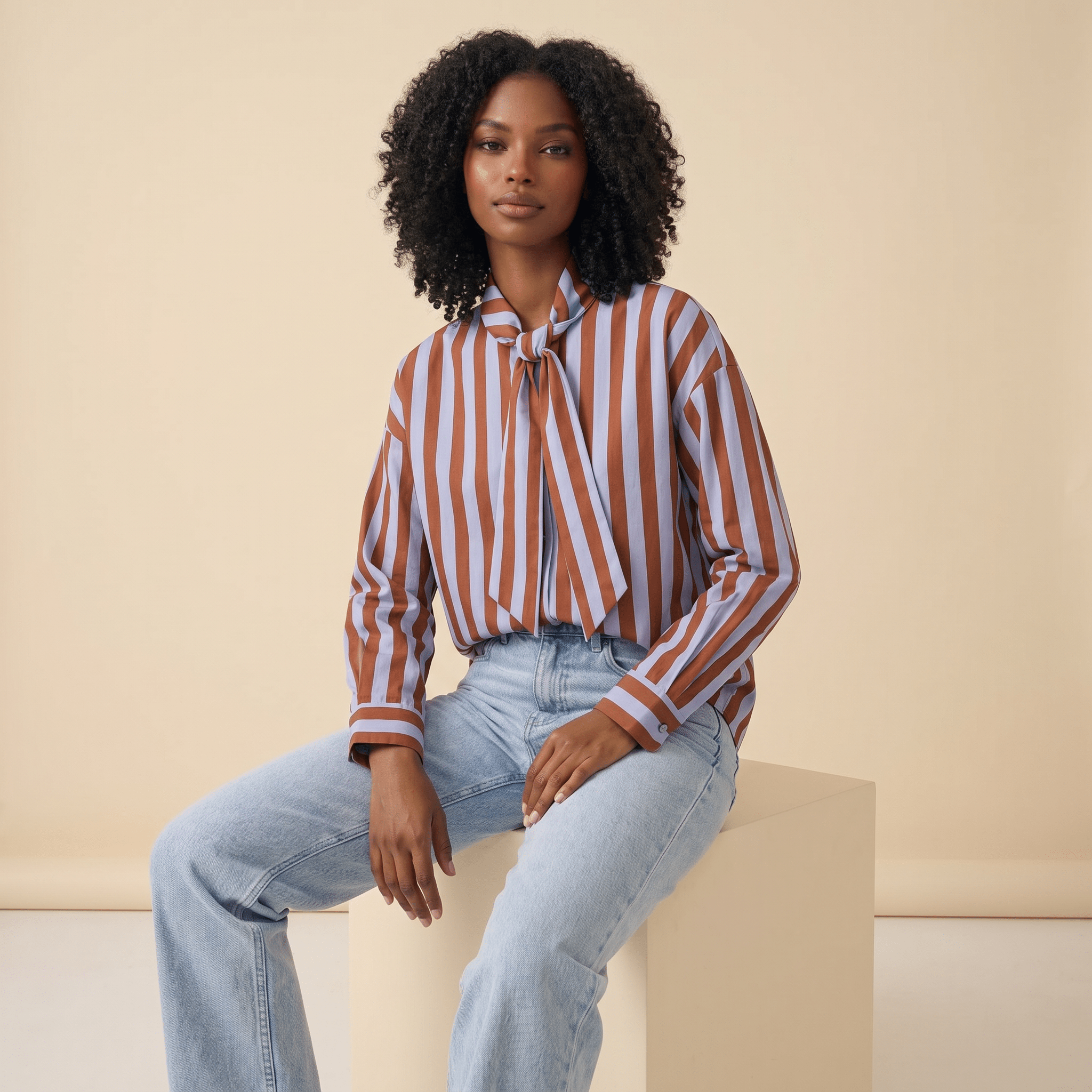Blouse Women Loose Fit Long Sleeve Bow Neck Striped Design - Evergreen Outfits - Women Blouse