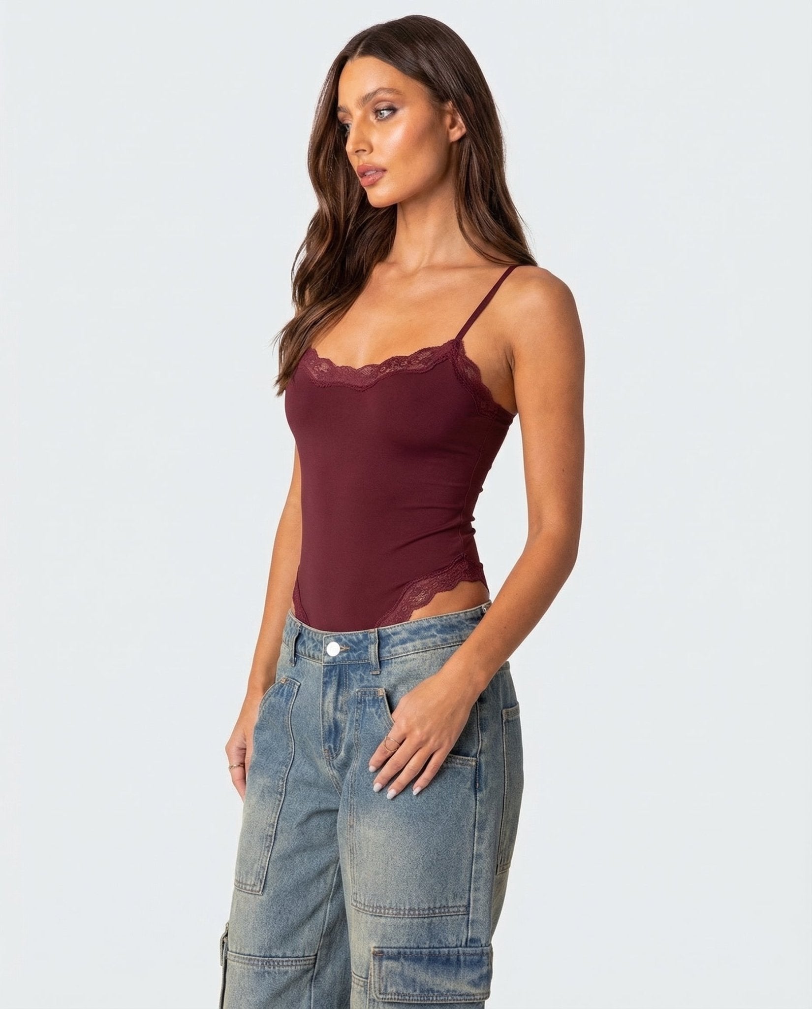 Bodysuit Women Lace Trim Adjustable Strap High Cut Fit - Evergreen Outfits - Women Bodysuit