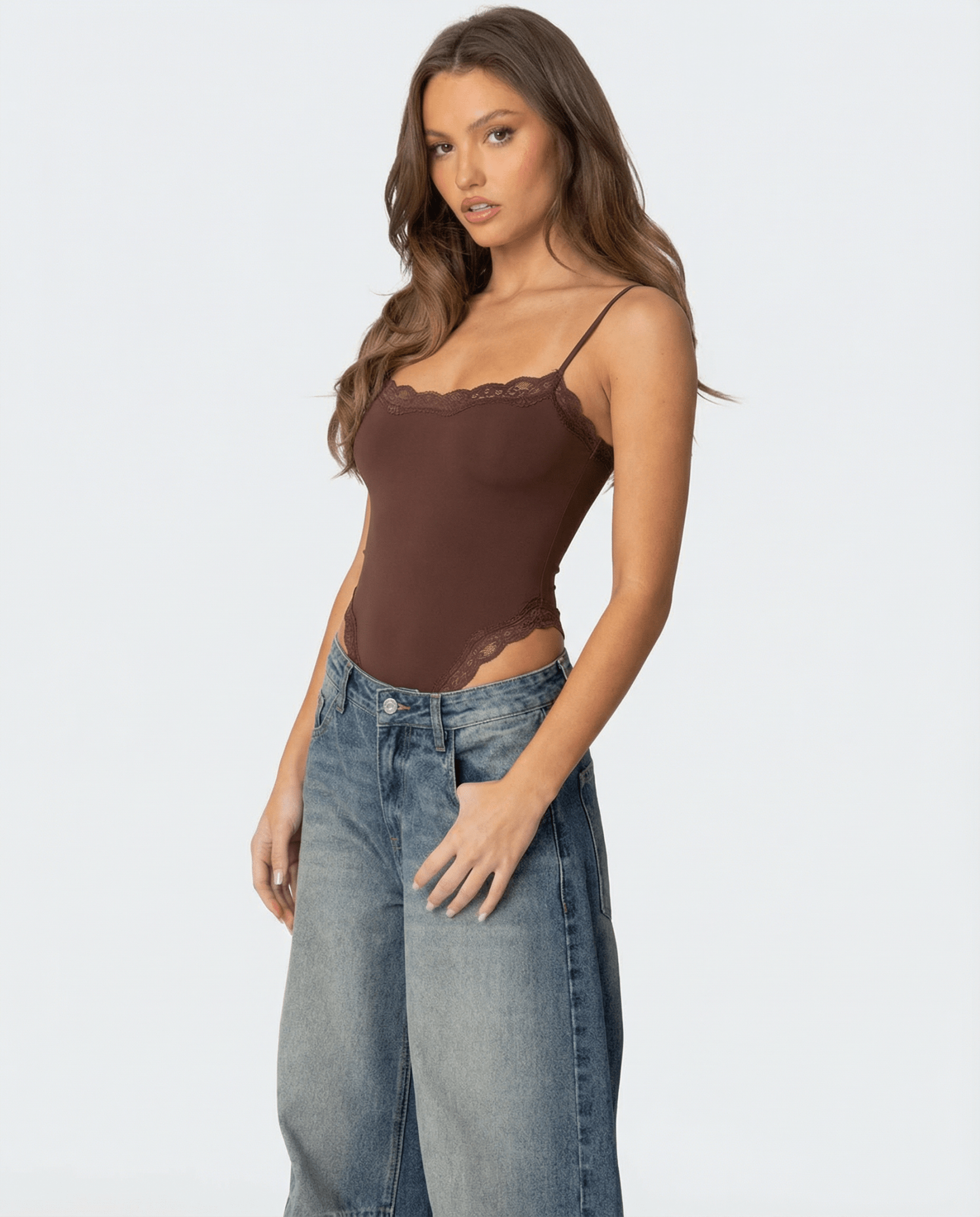 Bodysuit Women Lace Trim Adjustable Strap High Cut Fit - Evergreen Outfits - Women Bodysuit