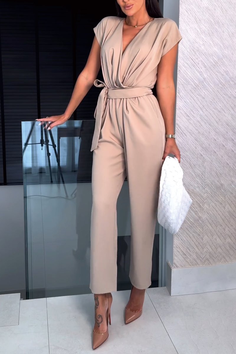 Jumpsuit Women Short Sleeve V Neck Full Length Belted - Evergreen Outfits - Women Jumpsuit
