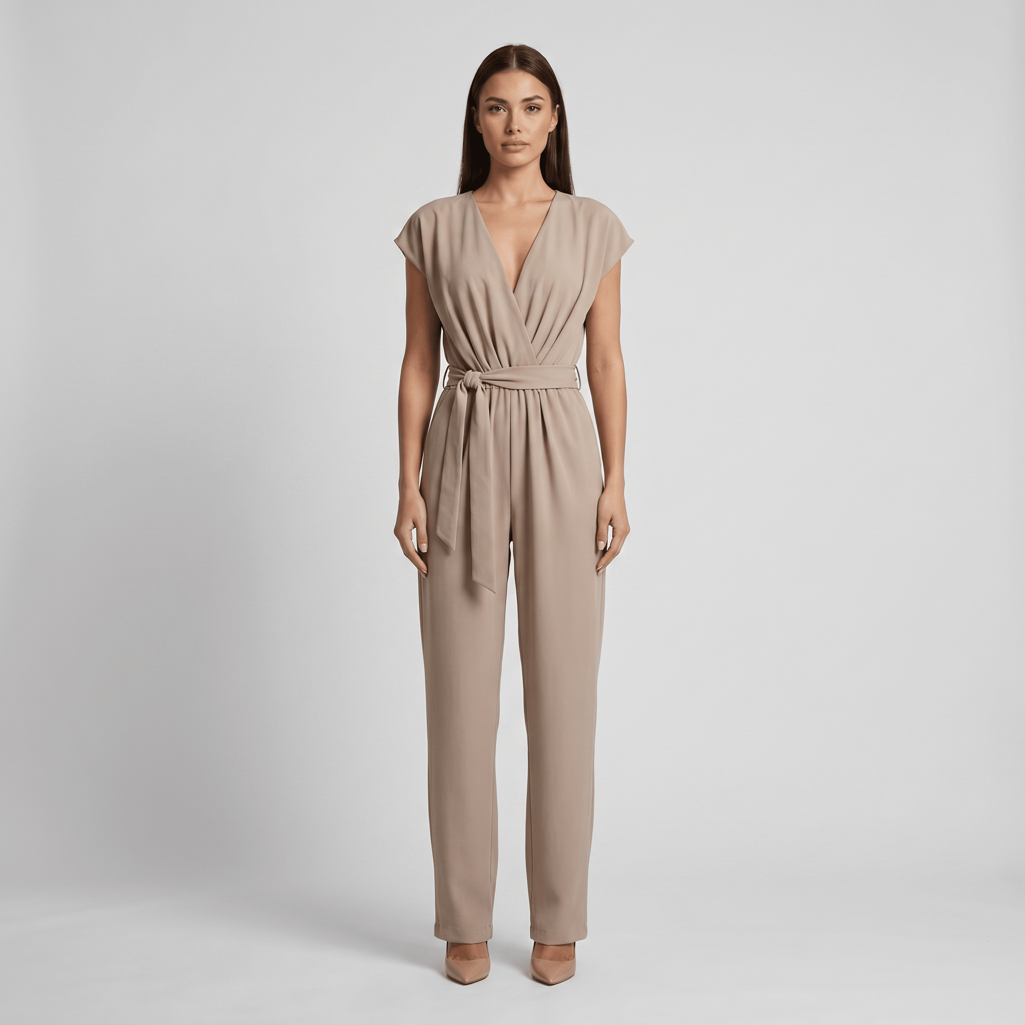 Jumpsuit Women Short Sleeve V Neck Full Length Belted - Evergreen Outfits - Women Jumpsuit
