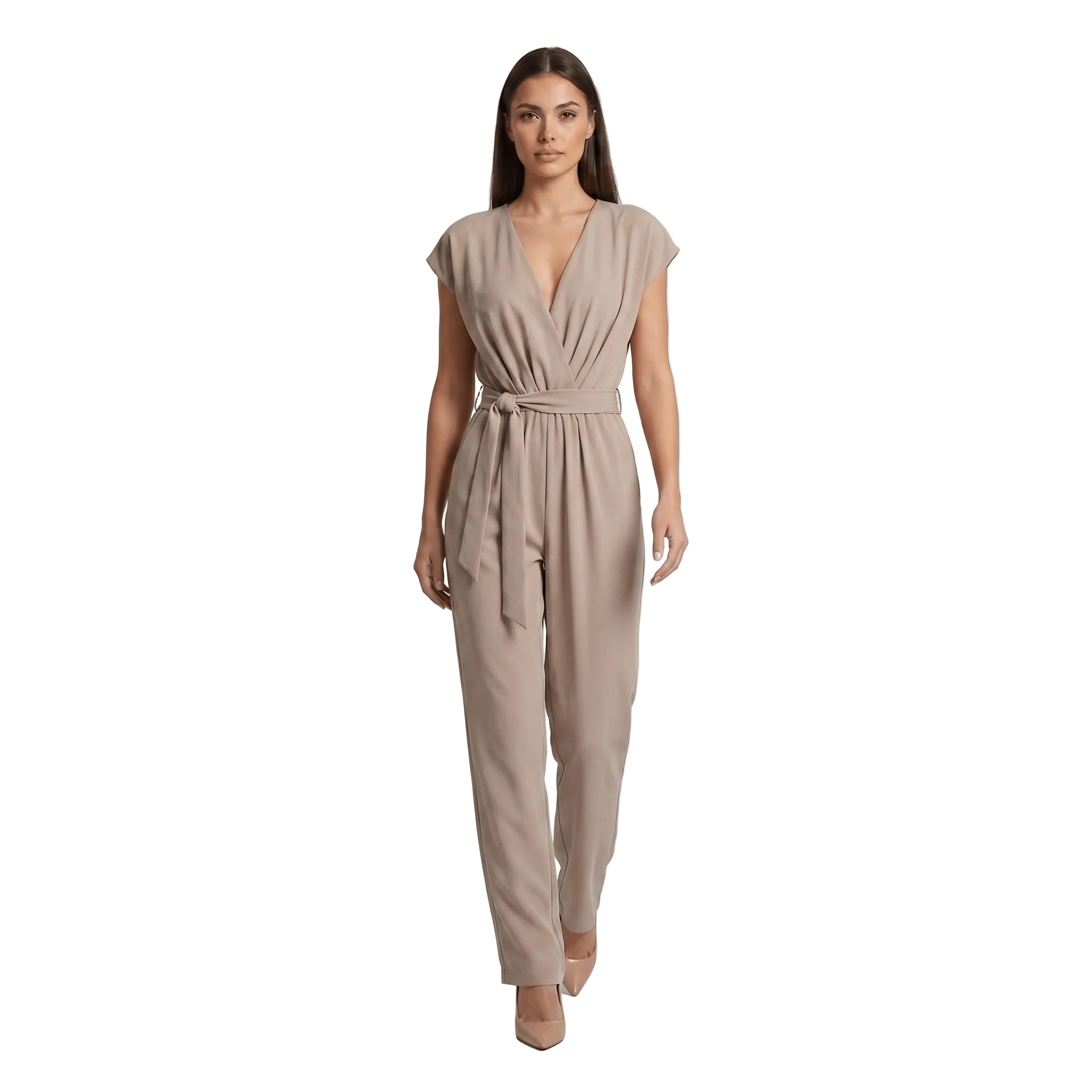 Jumpsuit Women Short Sleeve V Neck Full Length Belted - Evergreen Outfits - Women Jumpsuit