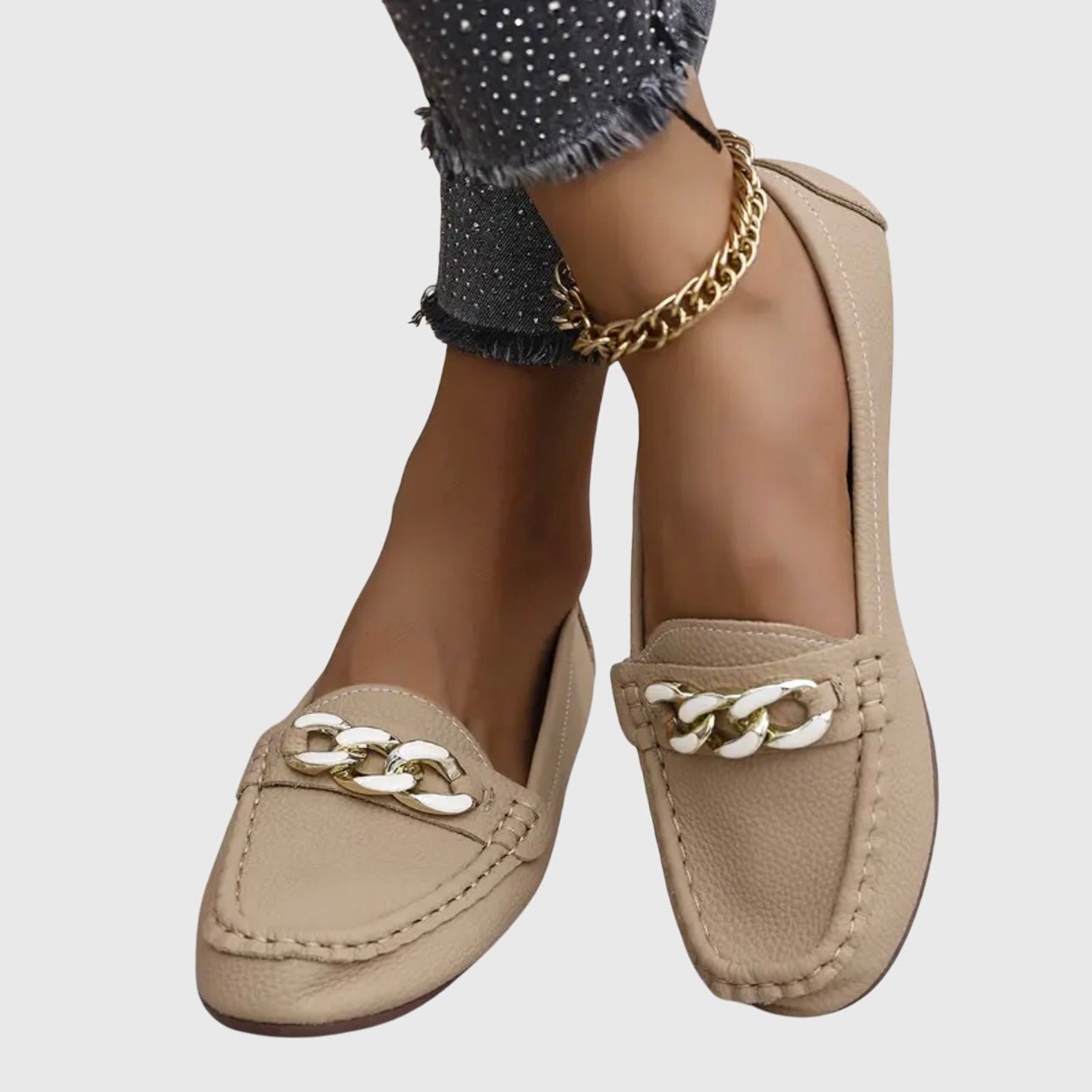 Loafers Women Chain Detail Round Toe Slip-On Flat Heel - Evergreen Outfits- Women Loafers