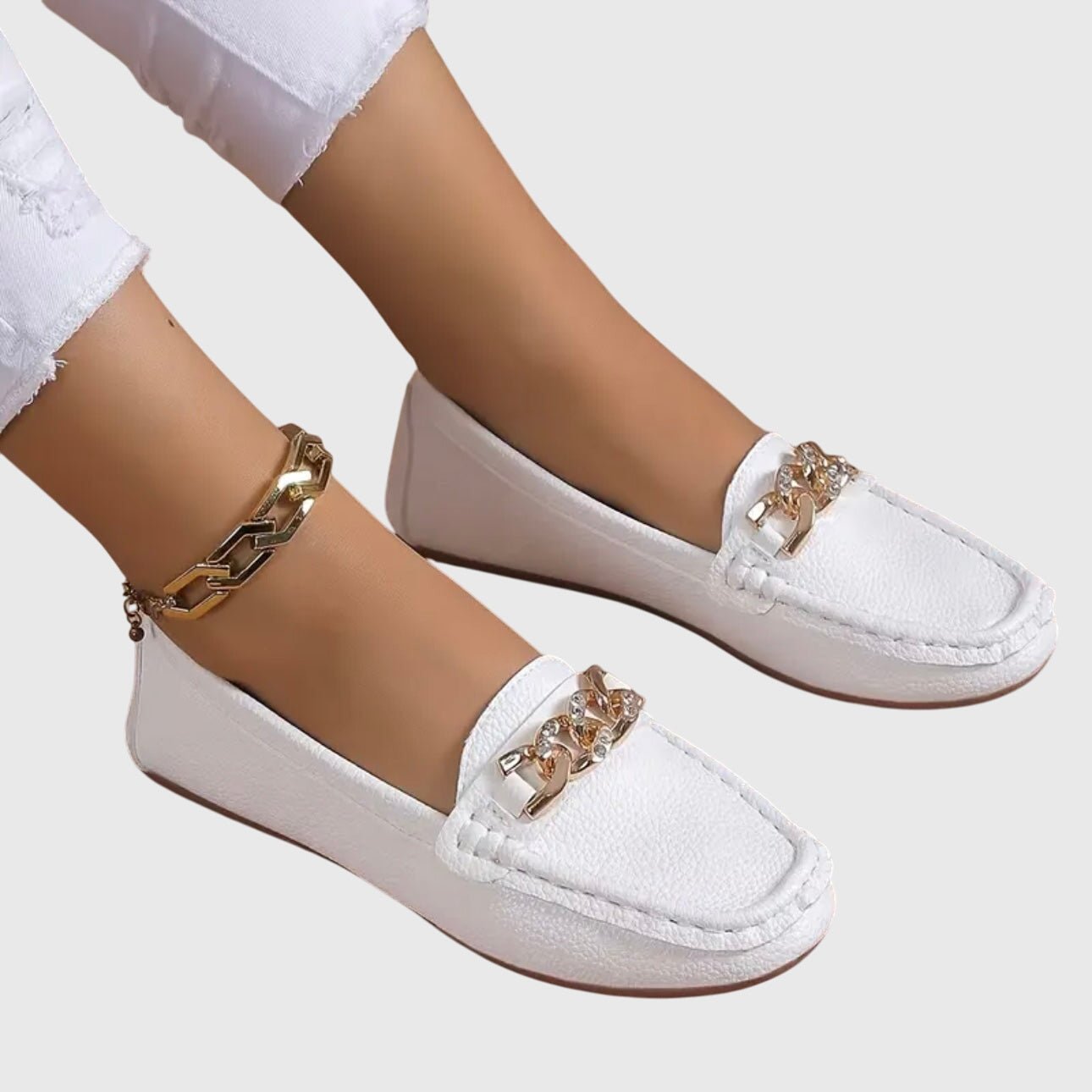 Loafers Women Chain Detail Round Toe Slip-On Flat Heel - Evergreen Outfits- Women Loafers
