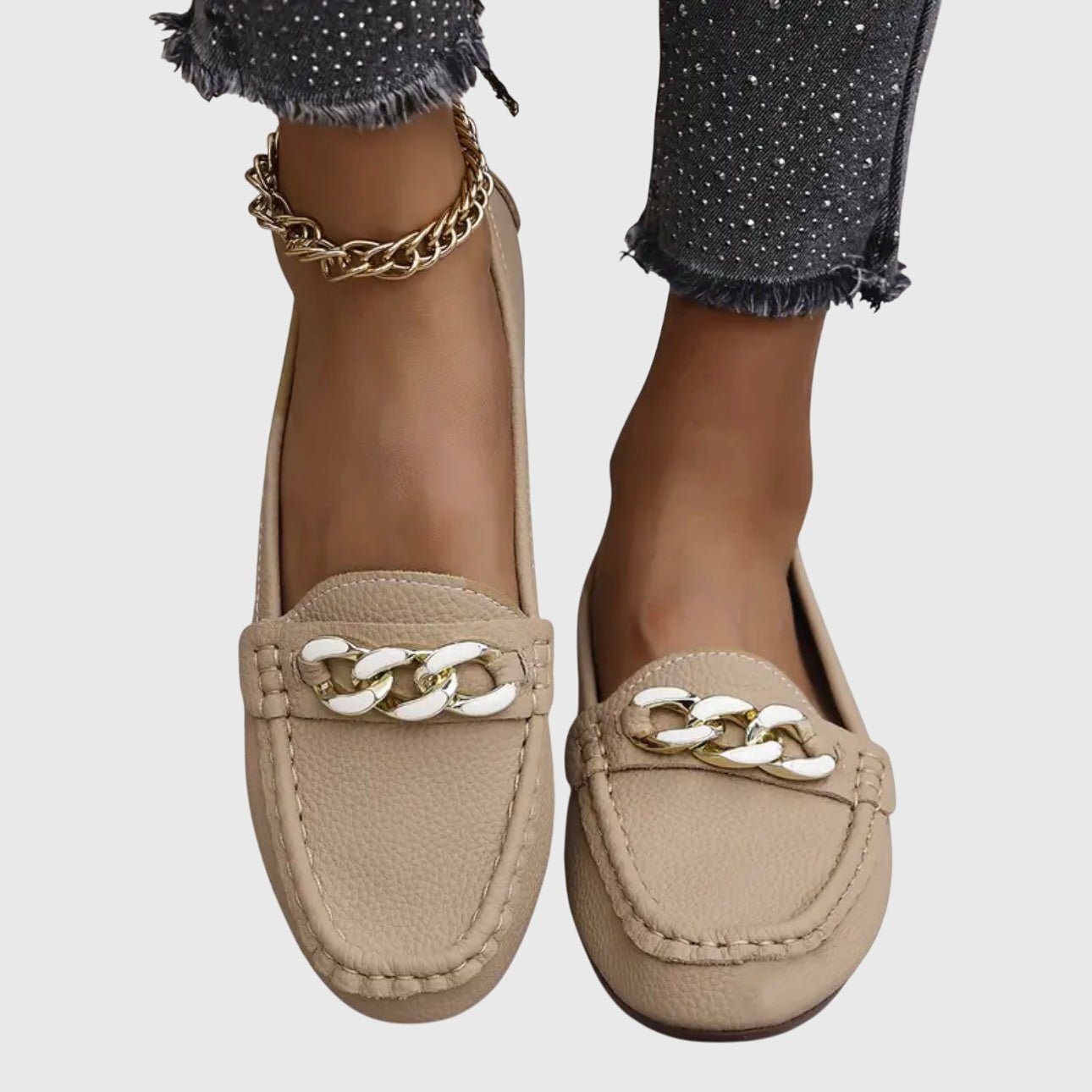 Loafers Women Chain Detail Round Toe Slip-On Flat Heel - Evergreen Outfits- Women Loafers