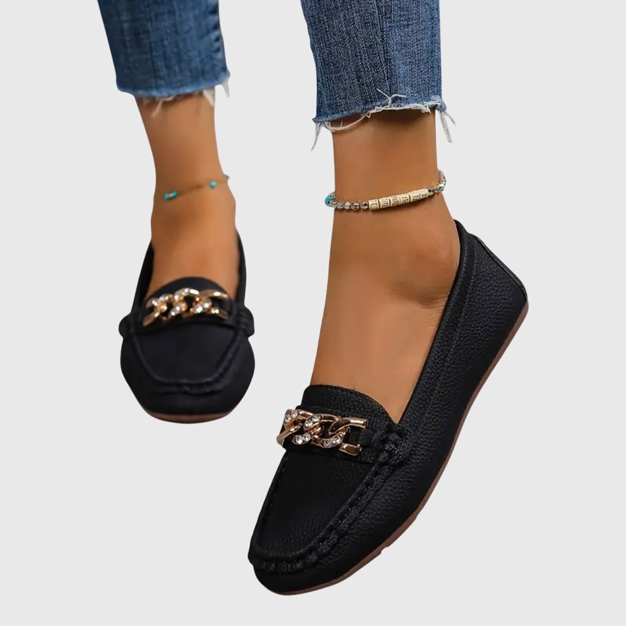 Loafers Women Chain Detail Round Toe Slip-On Flat Heel - Evergreen Outfits- Women Loafers