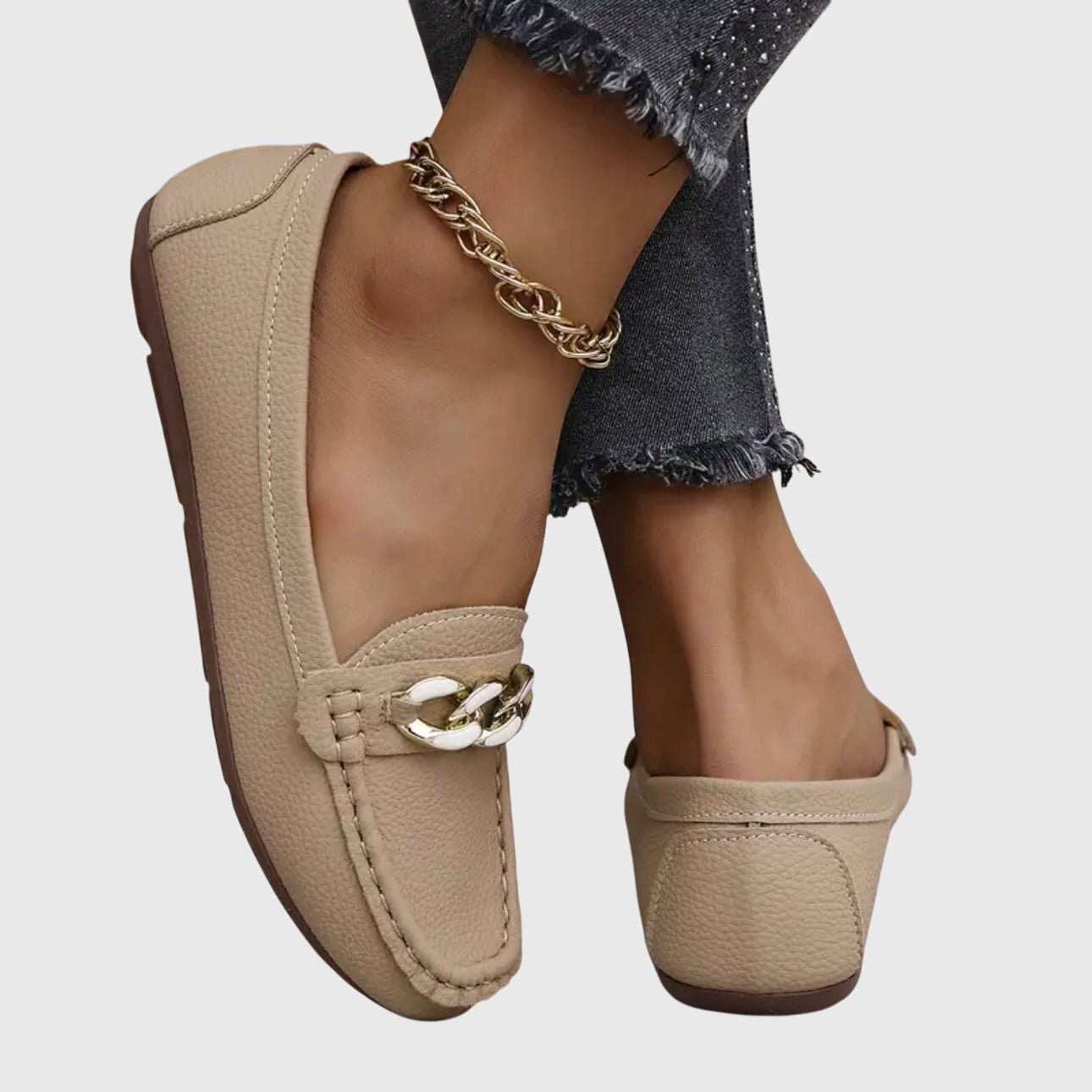 Loafers Women Chain Detail Round Toe Slip-On Flat Heel - Evergreen Outfits- Women Loafers