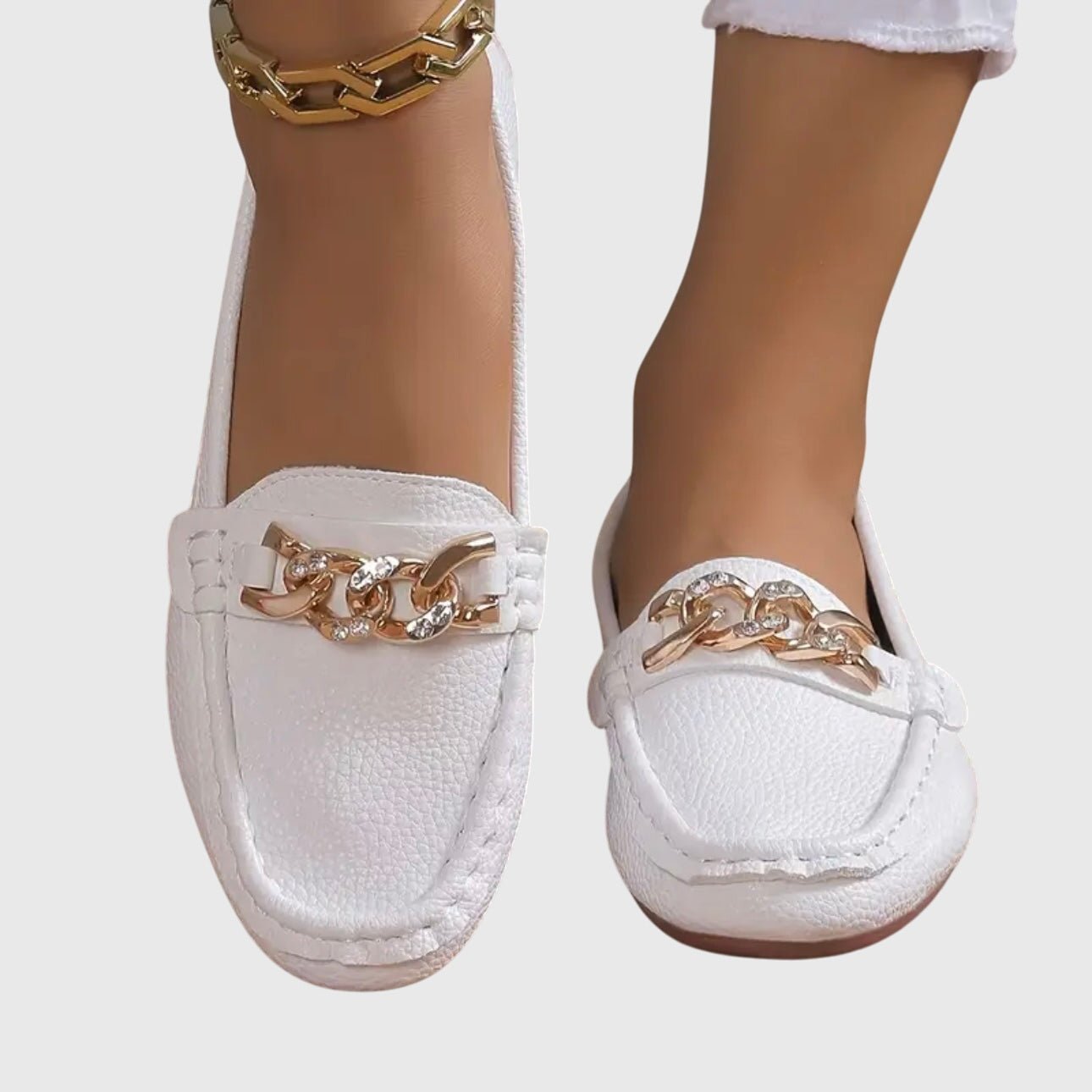 Loafers Women Chain Detail Round Toe Slip-On Flat Heel - Evergreen Outfits- Women Loafers
