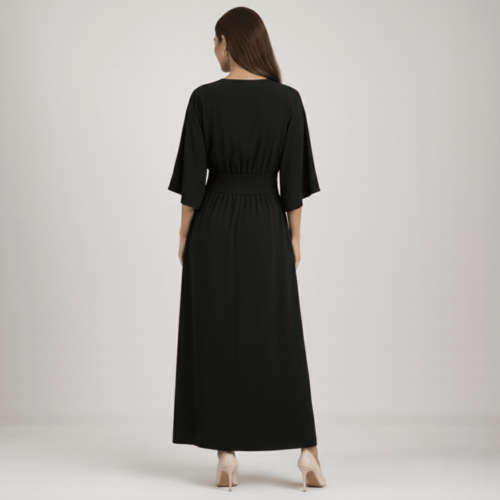 Maxi Dress Women Belted Waist With Bell Shaped Sleeves - Evergreen Outfits - Women Maxi Dress