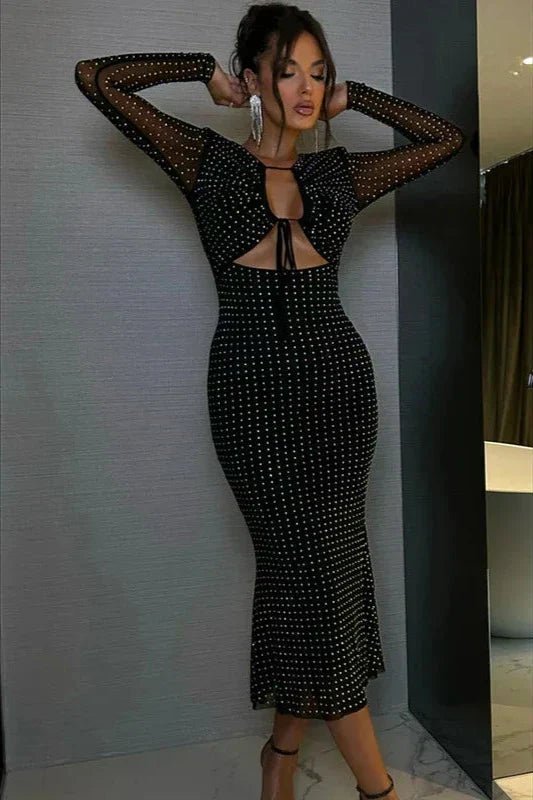 Maxi Dress Women Glitter Long Sleeve Front Cutout Design - Evergreen Outfits- Women Maxi Dress