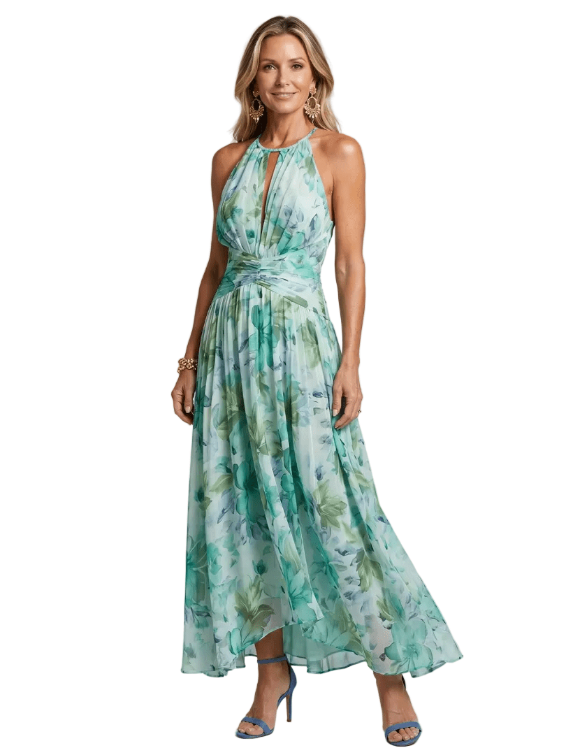 Maxi Dress Women Halter Neck Pleated Keyhole Sleeveless - Evergreen Outfits- Women Maxi Dress