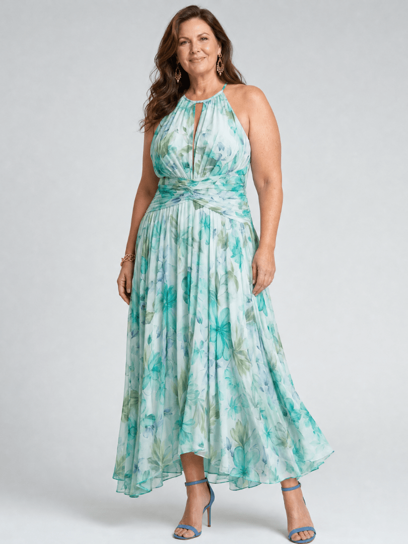 Maxi Dress Women Halter Neck Pleated Keyhole Sleeveless - Evergreen Outfits- Women Maxi Dress