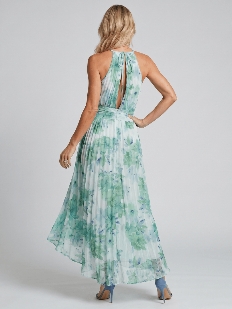 Maxi Dress Women Halter Neck Pleated Keyhole Sleeveless - Evergreen Outfits- Women Maxi Dress