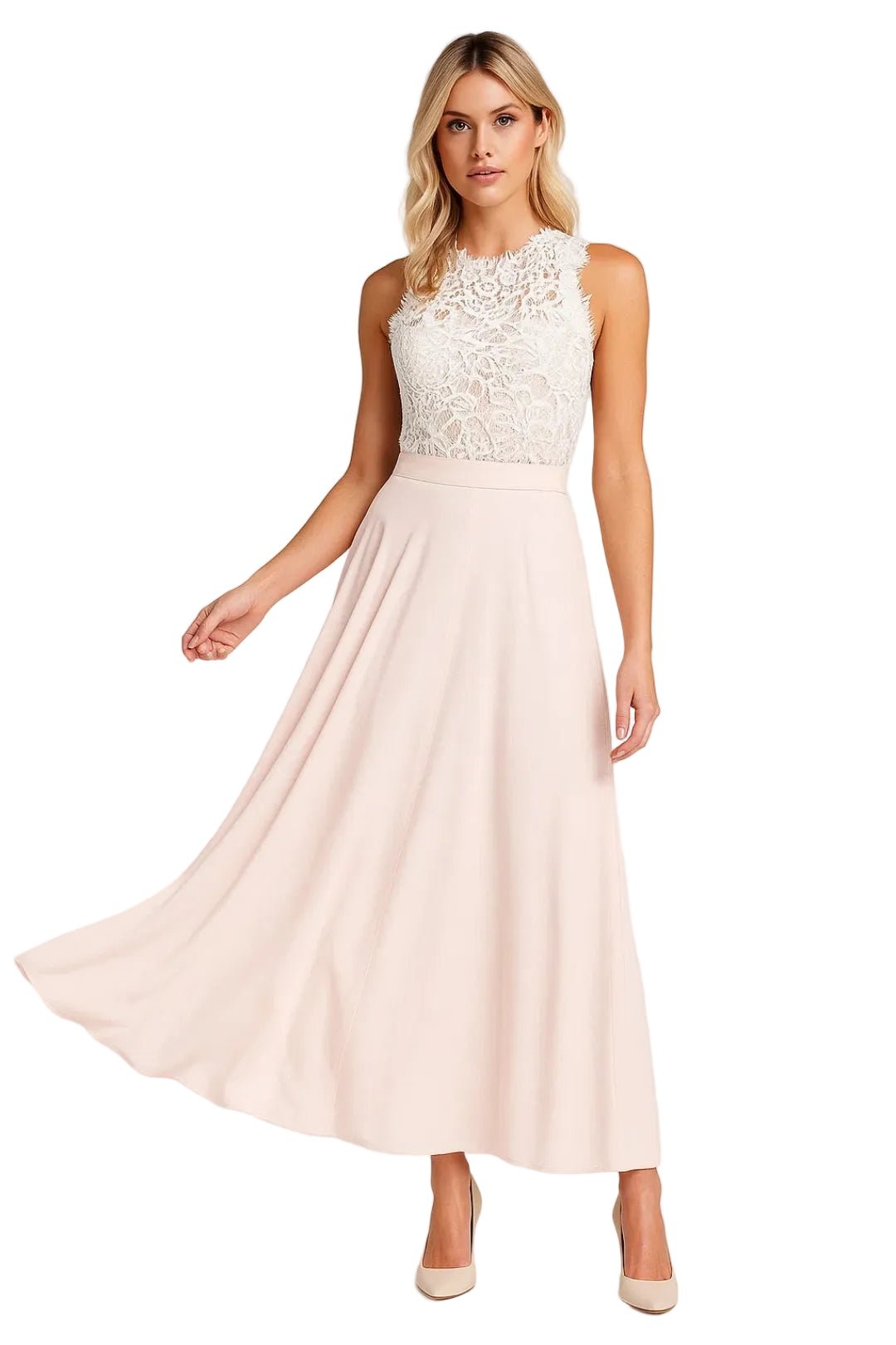 Maxi Dress Women Lace Bodice Sleeveless Fitted Waist - Evergreen Outfits- Women Maxi Dress