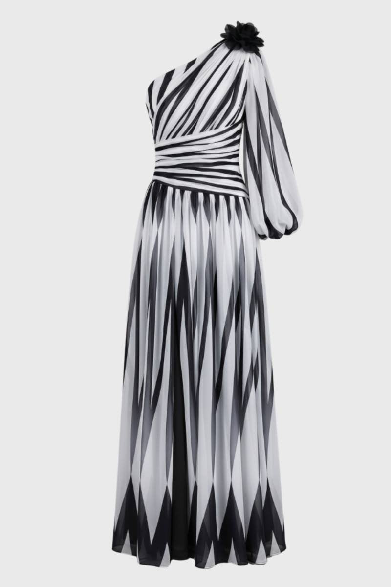 Maxi Dress Women One Shoulder Printed Long Sleeve Design - Evergreen Outfits- Women Maxi Dress