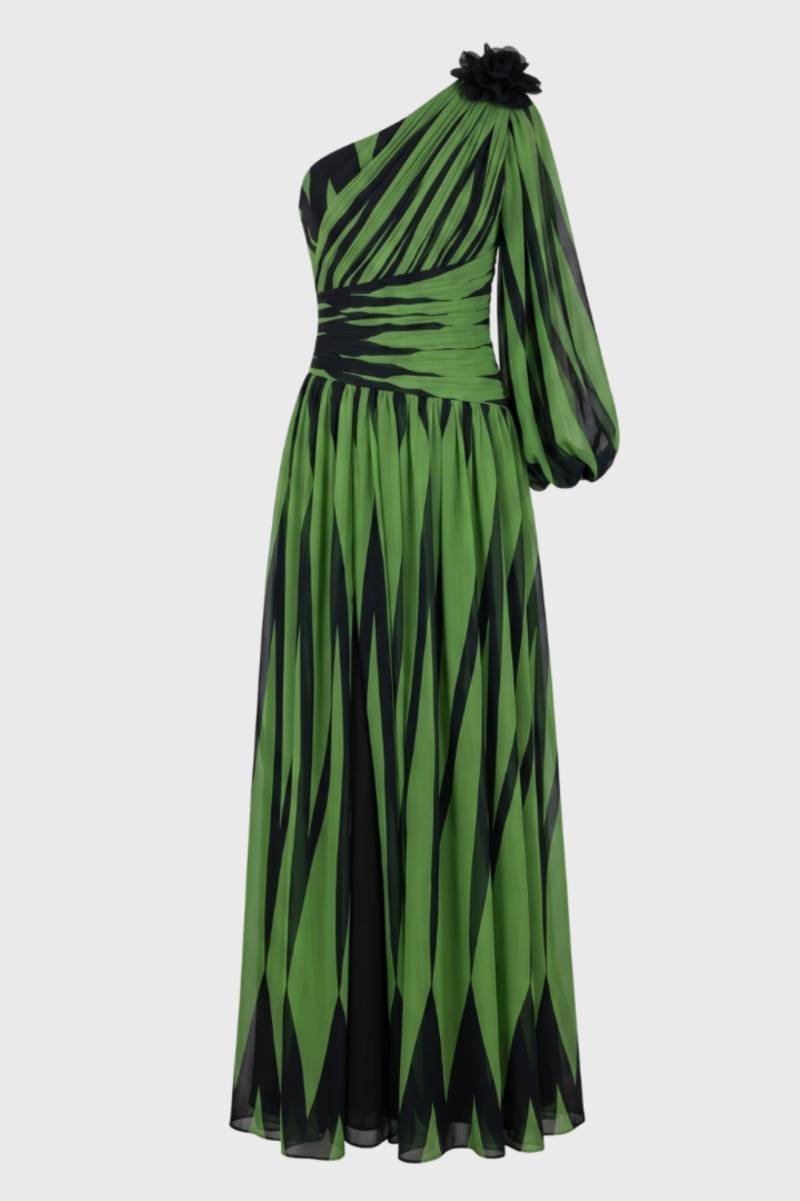 Maxi Dress Women One Shoulder Printed Long Sleeve Design - Evergreen Outfits- Women Maxi Dress