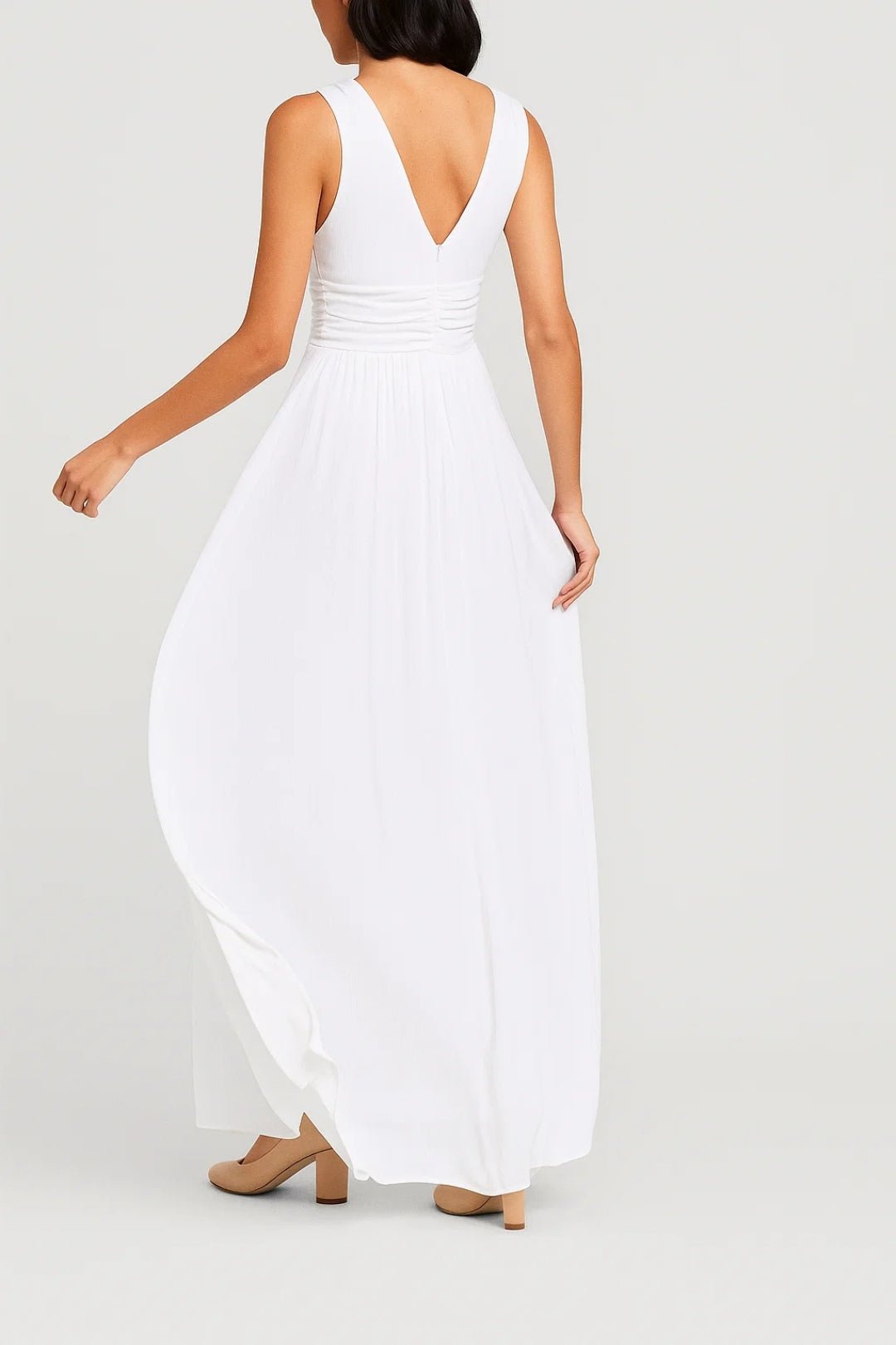Maxi Dress Women Sleeveless V-Neck Waist Detail Design - Evergreen Outfits- Women Maxi Dress
