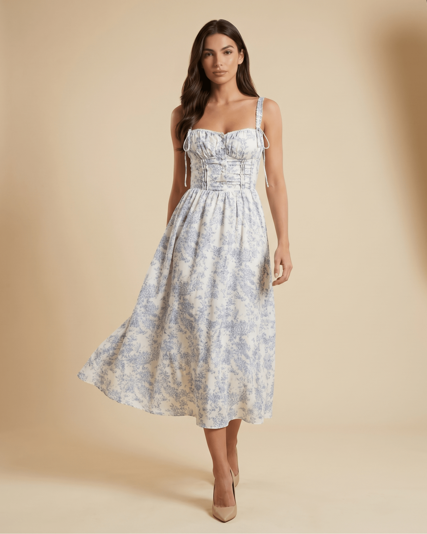 Midi Dress Women Floral Corset Bodice Button Closure - Evergreen Outfits - Women Midi Dress