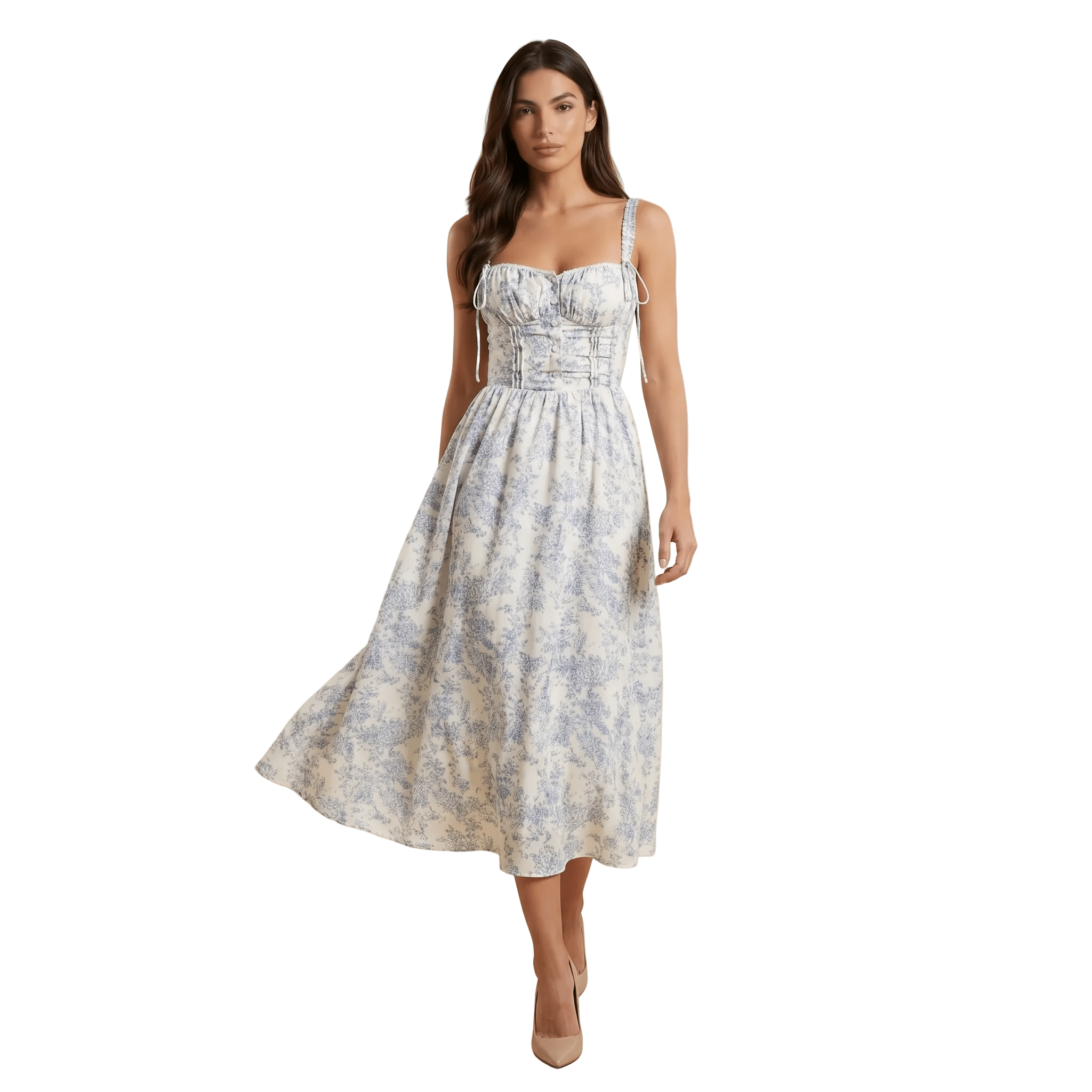 Midi Dress Women Floral Corset Bodice Button Closure - Evergreen Outfits - Women Midi Dress