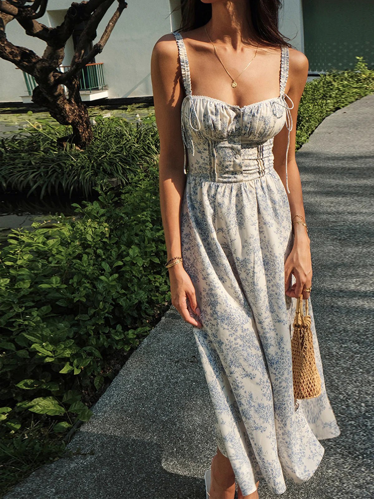 Midi Dress Women Floral Corset Bodice Button Closure - Evergreen Outfits - Women Midi Dress