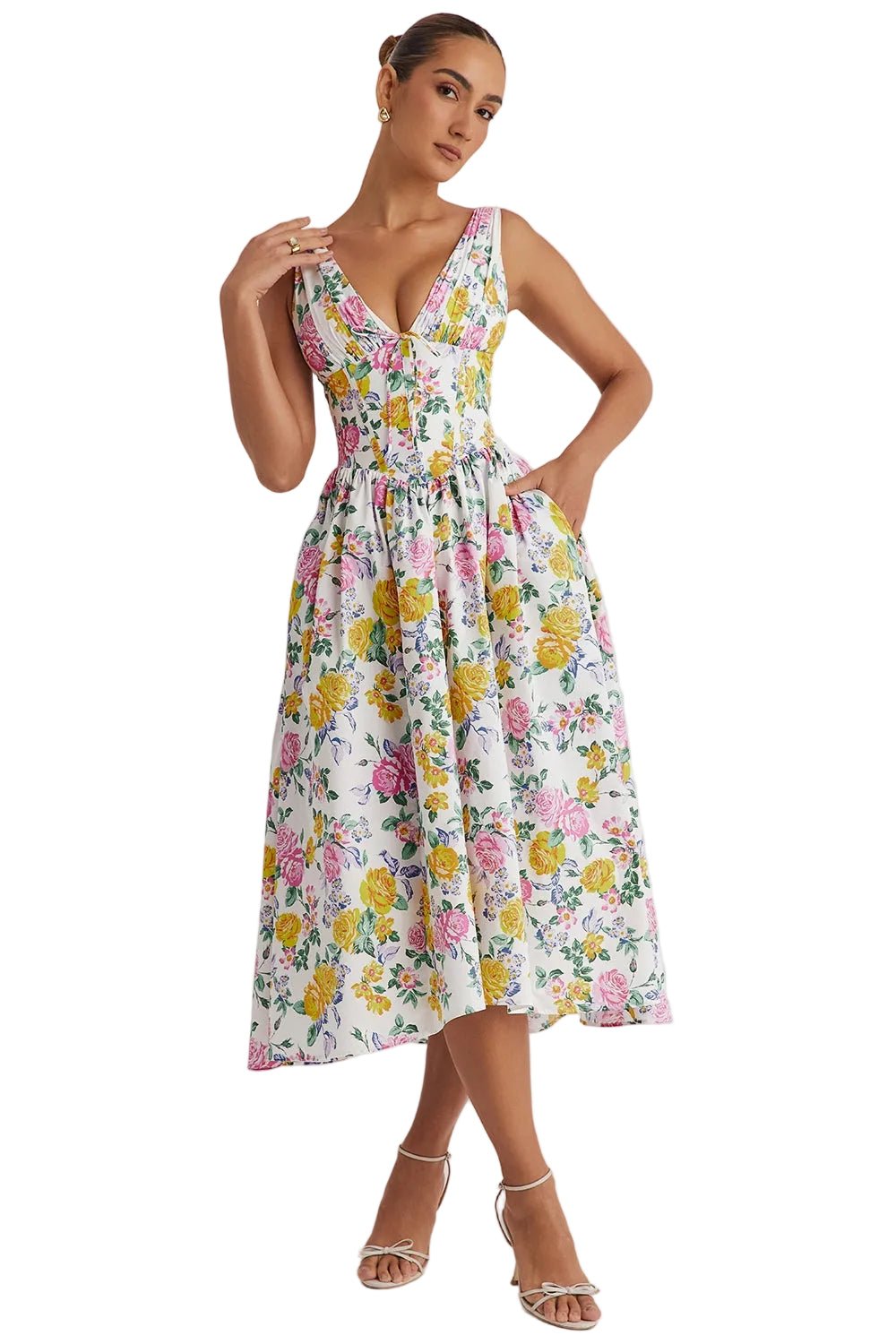 Midi Dress Women Floral Print Flared Skirt With Pockets - Evergreen Outfits- Women Midi Dress