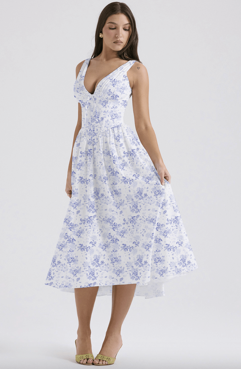 Midi Dress Women Floral Print Flared Skirt With Pockets - Evergreen Outfits- Women Midi Dress
