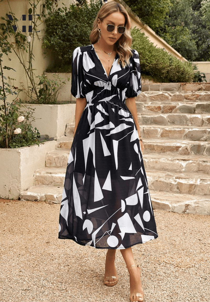 Midi Dress Women Floral Print Puff Sleeve Waist Fit A-Line - Evergreen Outfits- Women Midi Dress
