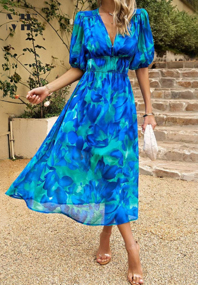 Midi Dress Women Floral Print Puff Sleeve Waist Fit A-Line - Evergreen Outfits- Women Midi Dress