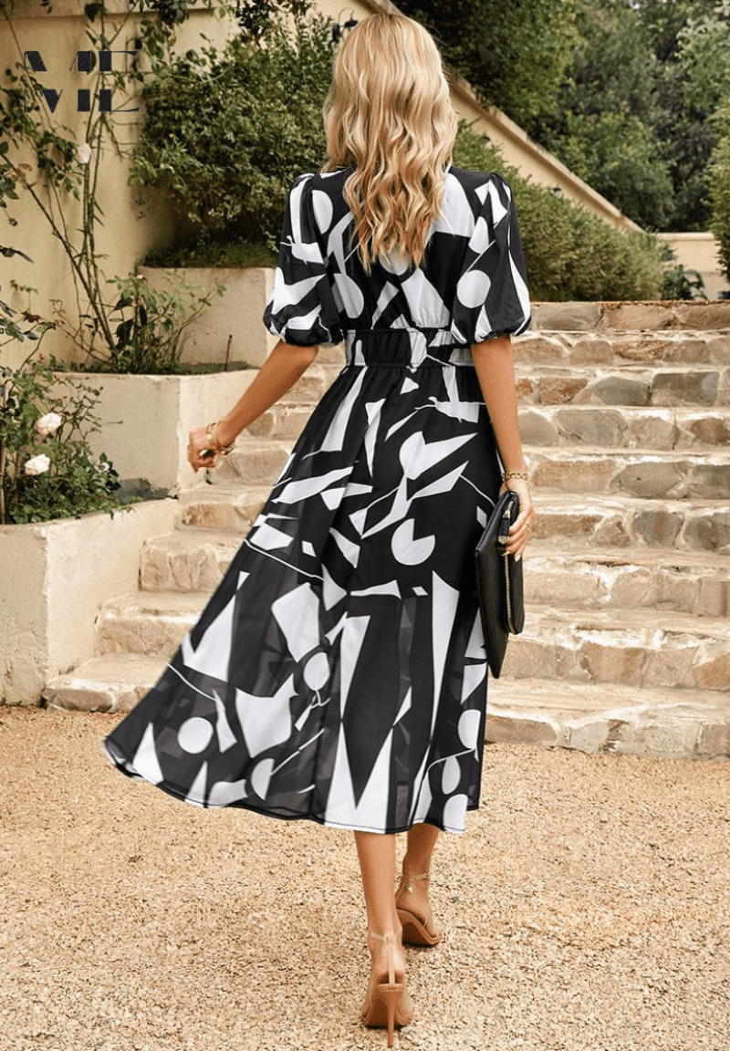 Midi Dress Women Floral Print Puff Sleeve Waist Fit A-Line - Evergreen Outfits- Women Midi Dress