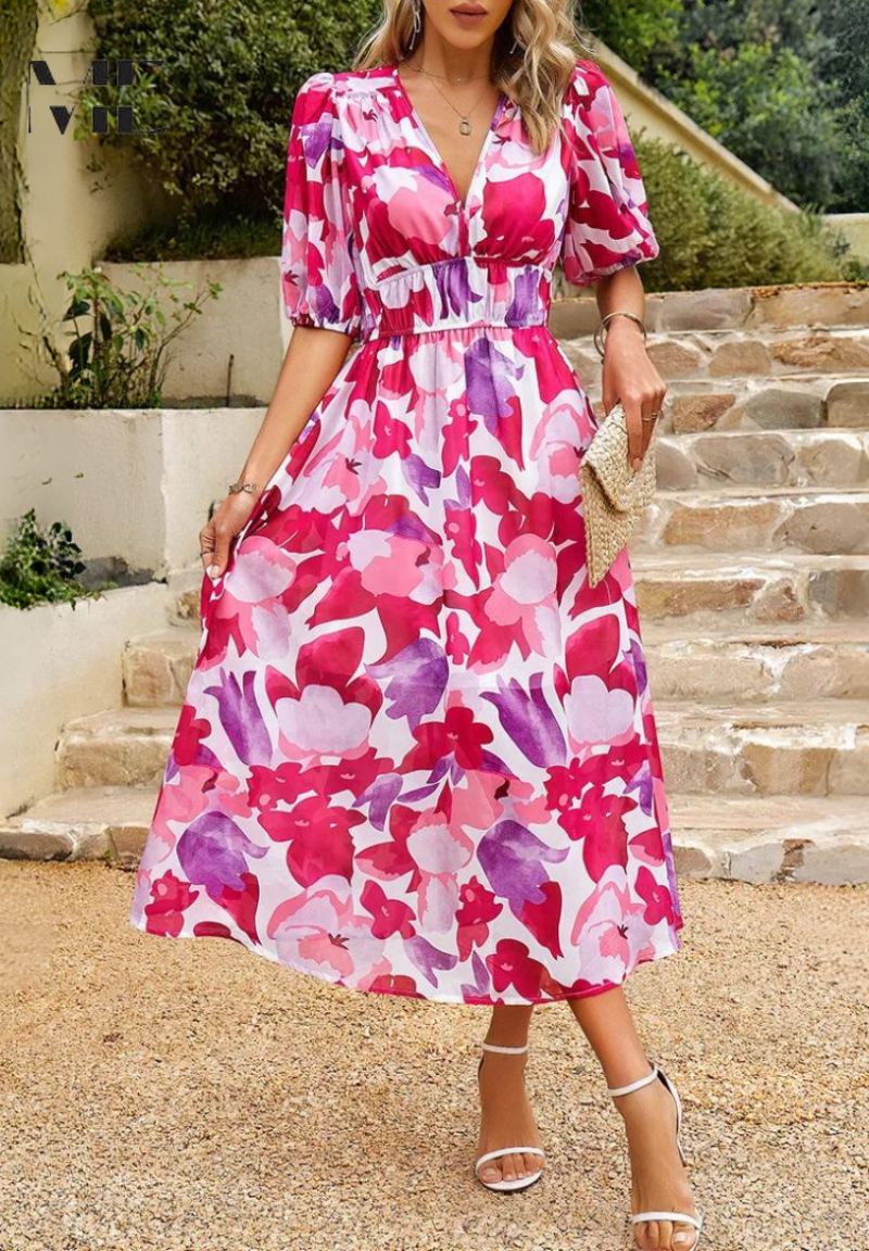 Midi Dress Women Floral Print Puff Sleeve Waist Fit A-Line - Evergreen Outfits- Women Midi Dress