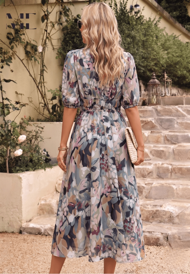 Midi Dress Women Floral Print Puff Sleeve Waist Fit A-Line - Evergreen Outfits- Women Midi Dress