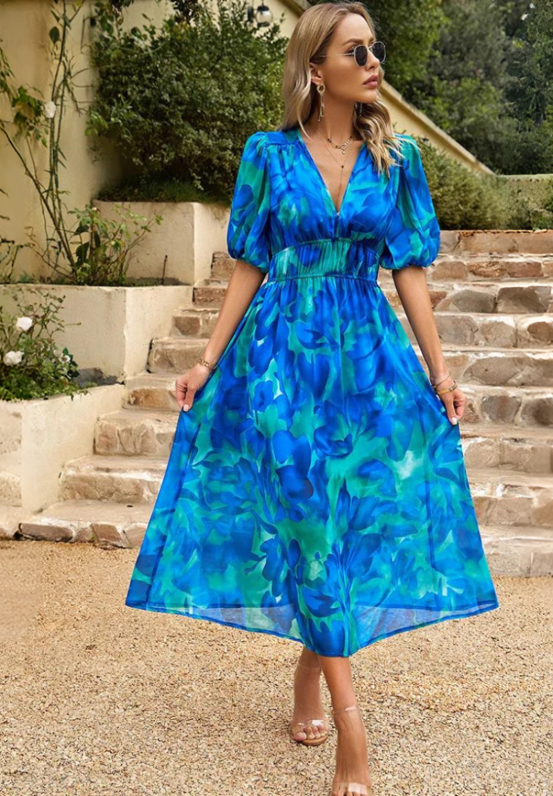 Midi Dress Women Floral Print Puff Sleeve Waist Fit A-Line - Evergreen Outfits- Women Midi Dress