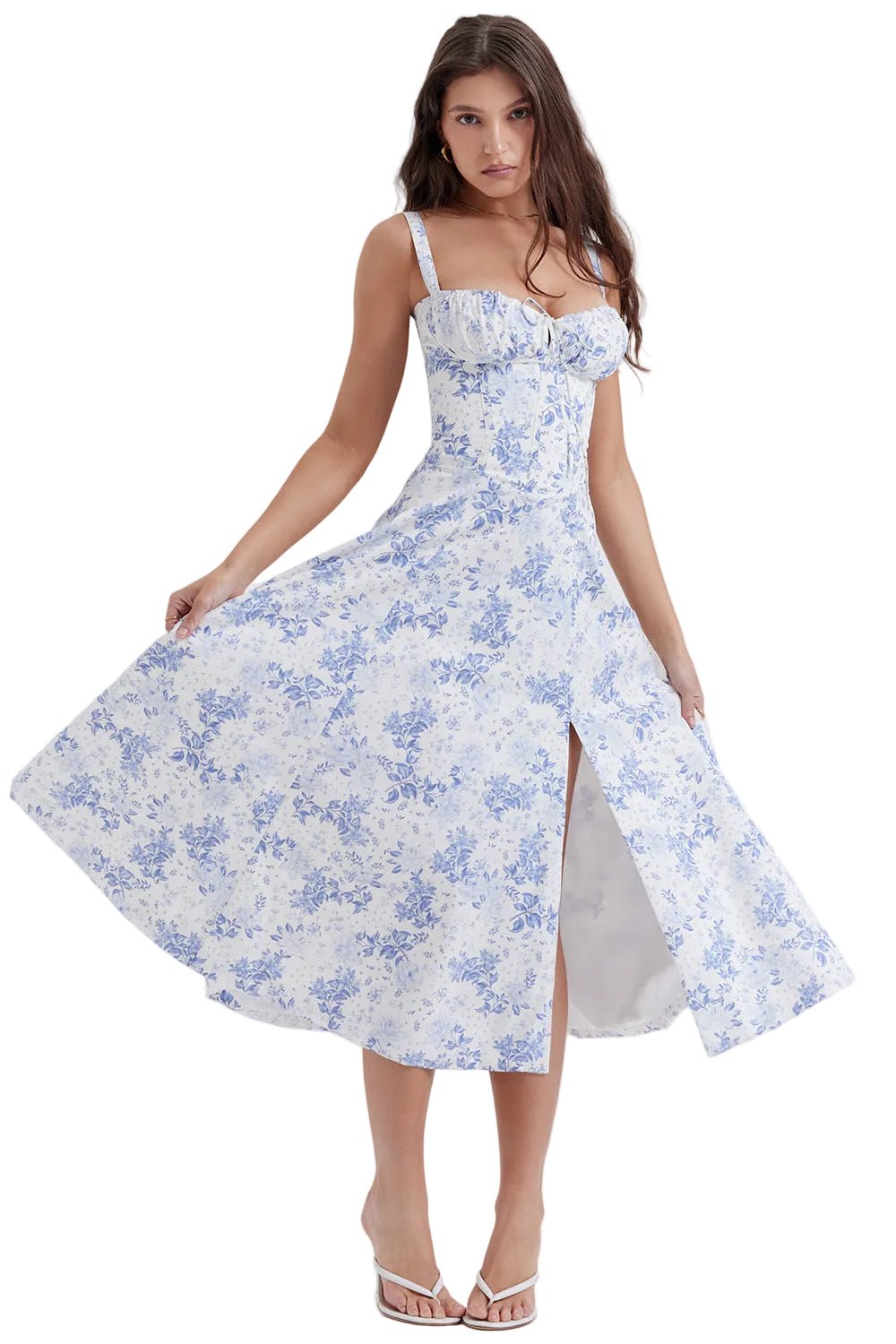 Midi Dress Women Floral Print Sweetheart Neck Waist Tie - Evergreen Outfits- Women Midi Dress
