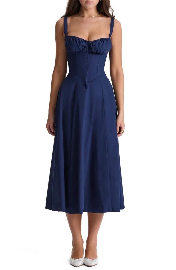 Midi Dress Women Floral Print Sweetheart Neck Waist Tie - Evergreen Outfits- Women Midi Dress