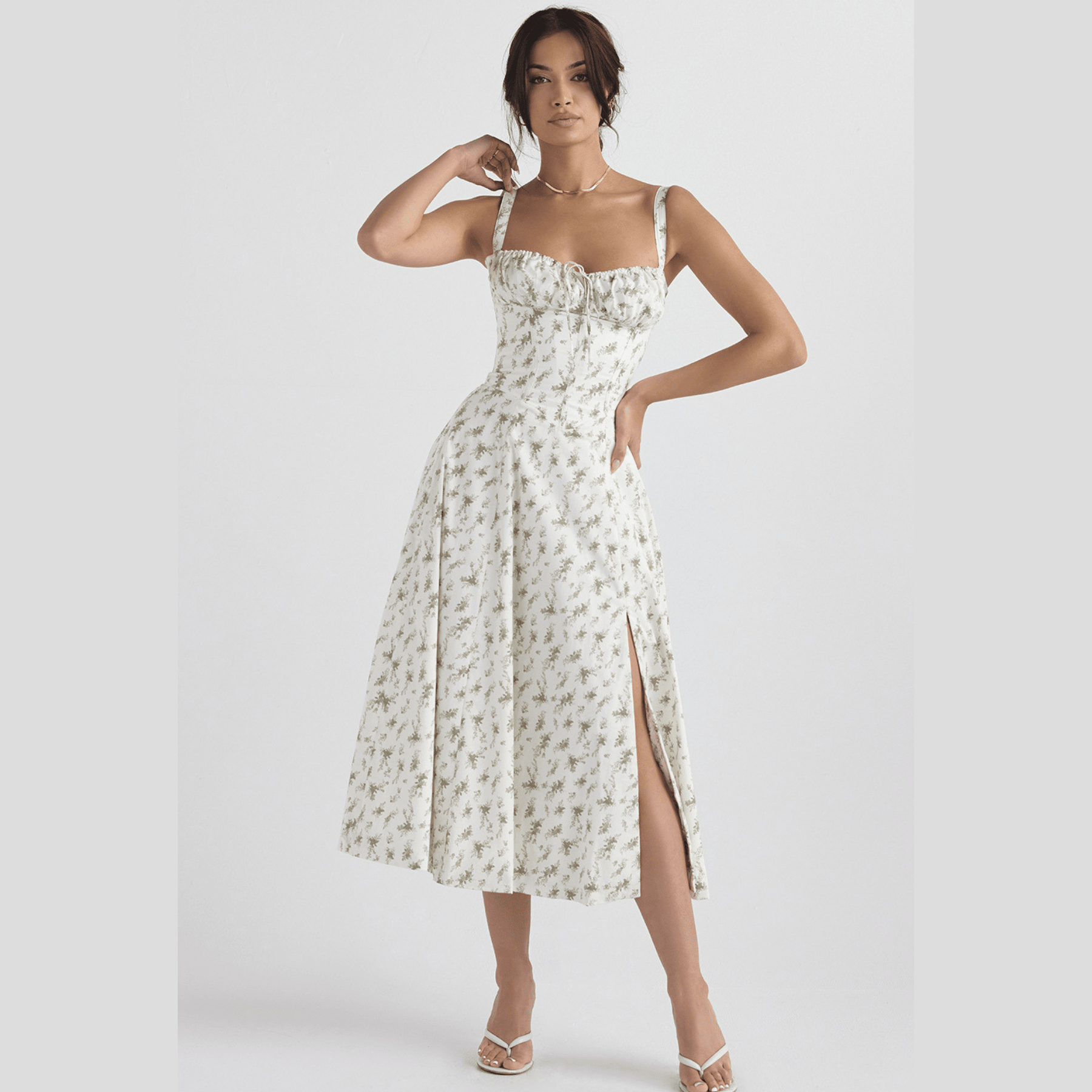 Midi Dress Women Floral Print Sweetheart Neck Waist Tie - Evergreen Outfits- Women Midi Dress