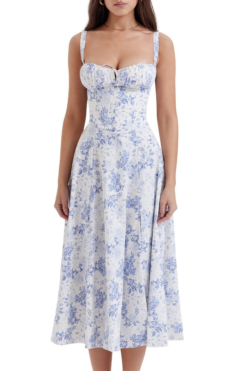 Midi Dress Women Floral Print Sweetheart Neck Waist Tie - Evergreen Outfits- Women Midi Dress