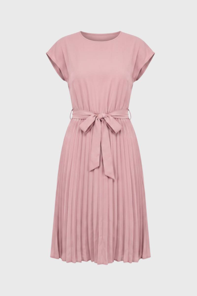 Midi Dress Women Pleated Tie Belt Short Sleeve Design - Evergreen Outfits- Women Midi Dress