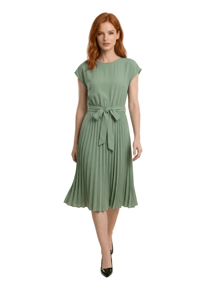 Midi Dress Women Pleated Tie Belt Short Sleeve Design - Evergreen Outfits- Women Midi Dress