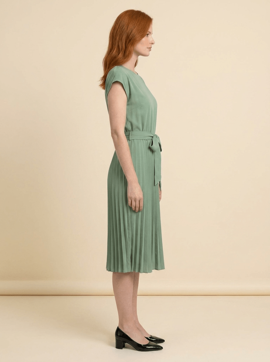 Midi Dress Women Pleated Tie Belt Short Sleeve Design - Evergreen Outfits- Women Midi Dress