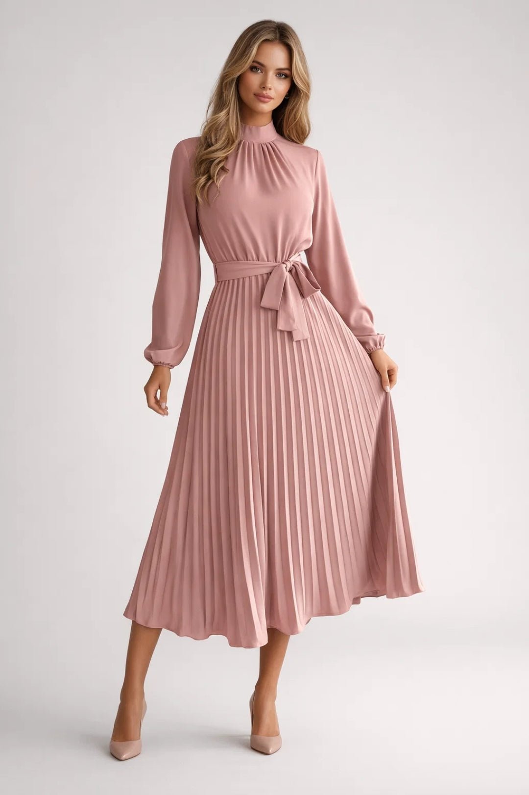 Midi Dress Women Pleated Waistband Long Sleeve Design - Evergreen Outfits- Women Midi Dress