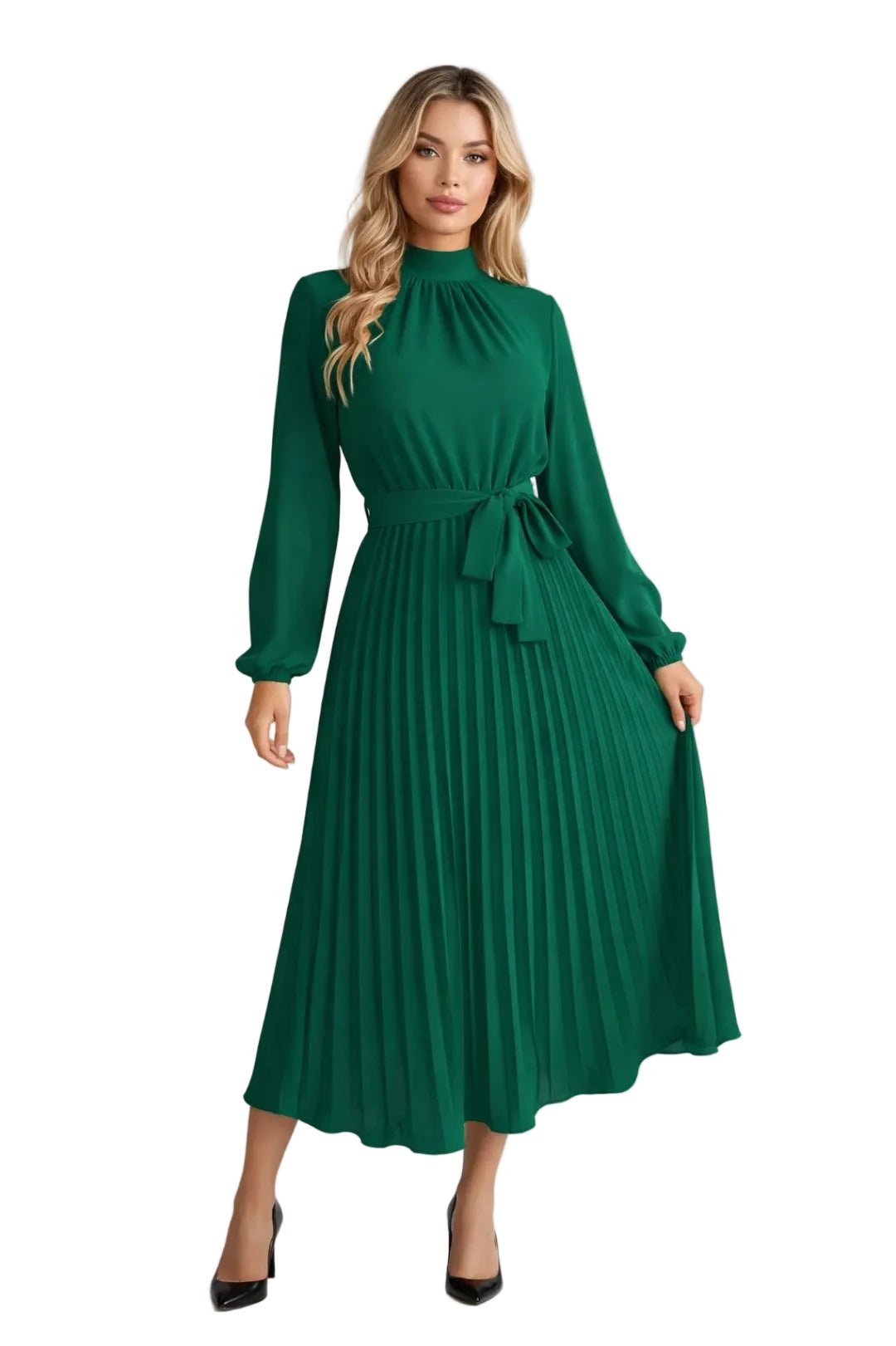 Midi Dress Women Pleated Waistband Long Sleeve Design - Evergreen Outfits- Women Midi Dress