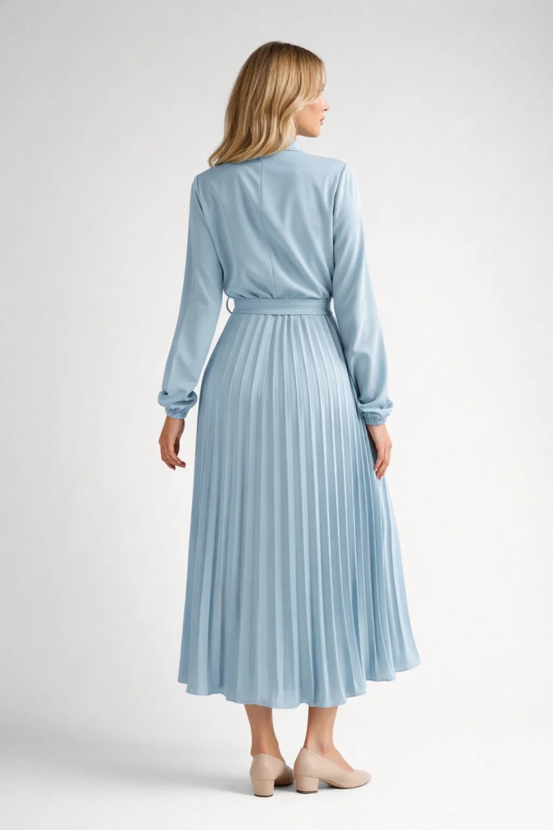 Midi Dress Women Pleated Waistband Long Sleeve Design - Evergreen Outfits- Women Midi Dress
