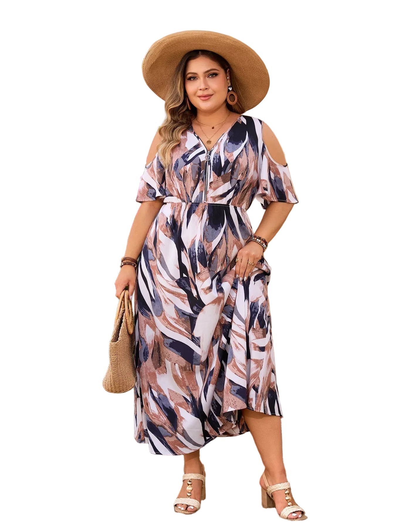 Midi Dress Women Plus Size High Waist Printed V-Neck - Evergreen Outfits- Women Midi Dress
