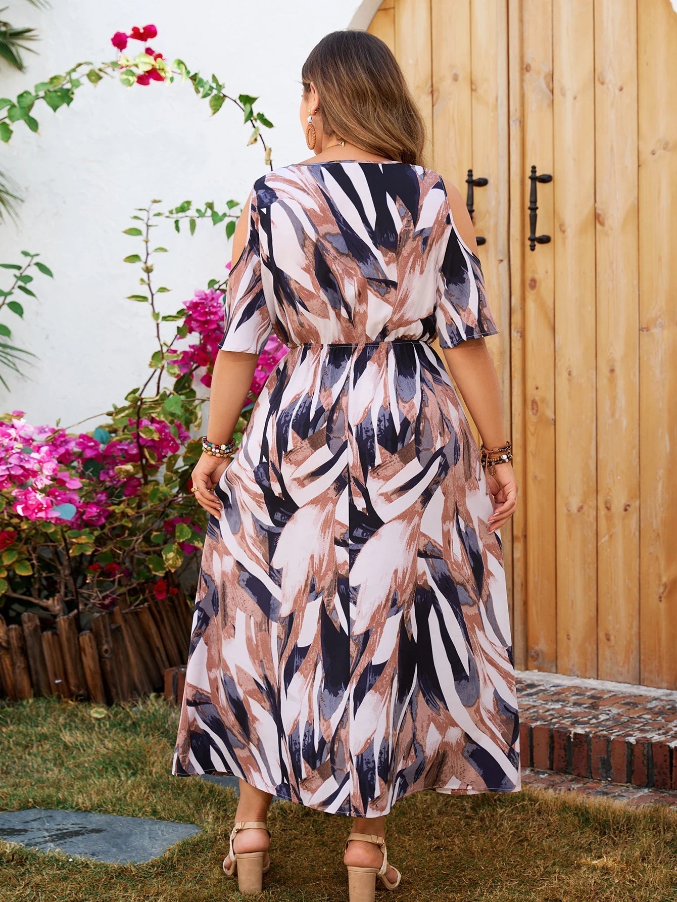 Midi Dress Women Plus Size High Waist Printed V-Neck - Evergreen Outfits- Women Midi Dress