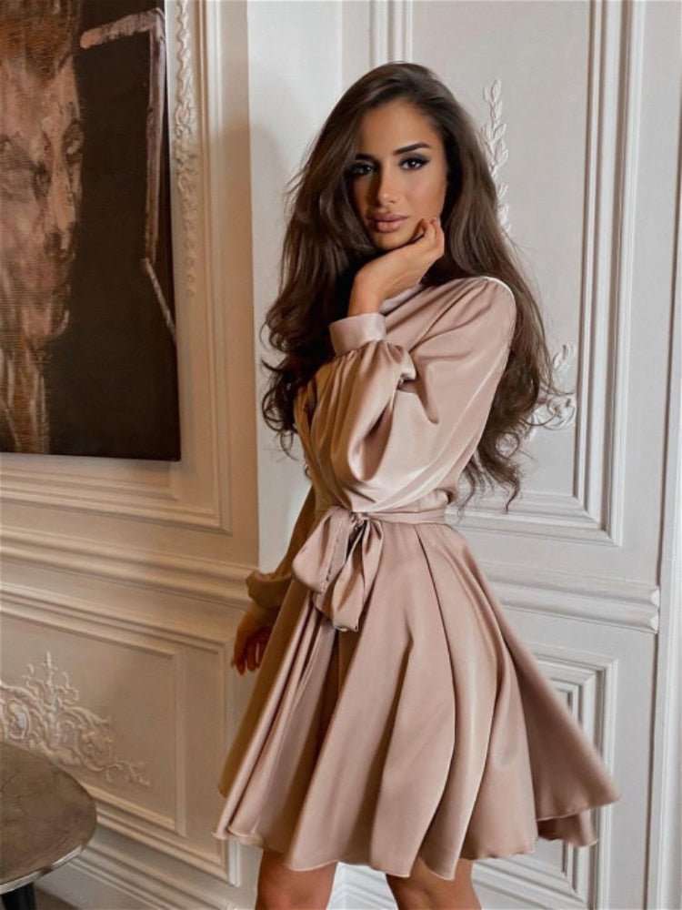 Midi Dress Women Satin Long Sleeve Ruffle Flowing Design - Evergreen Outfits- Women Midi Dress