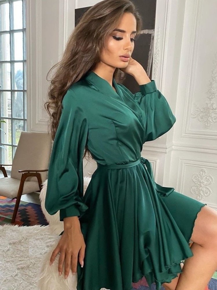 Midi Dress Women Satin Long Sleeve Ruffle Flowing Design - Evergreen Outfits- Women Midi Dress