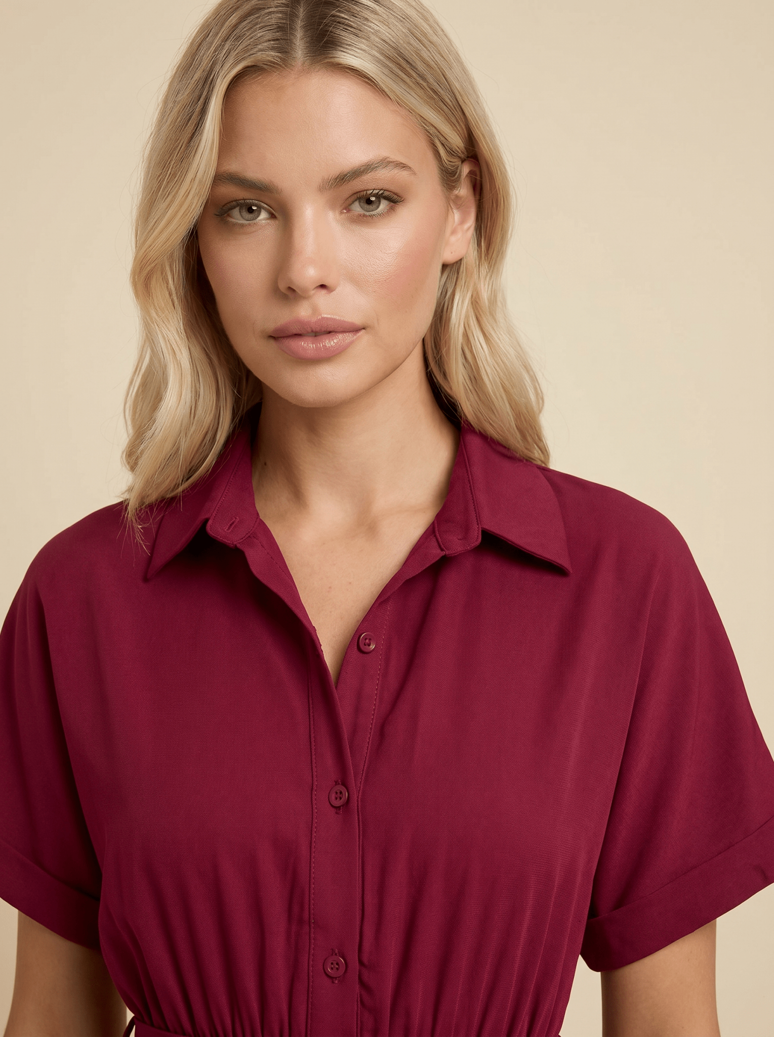 Midi Dress Women Shirt Style Tie Belt Short Sleeve Fit - Evergreen Outfits- Women Midi Dress