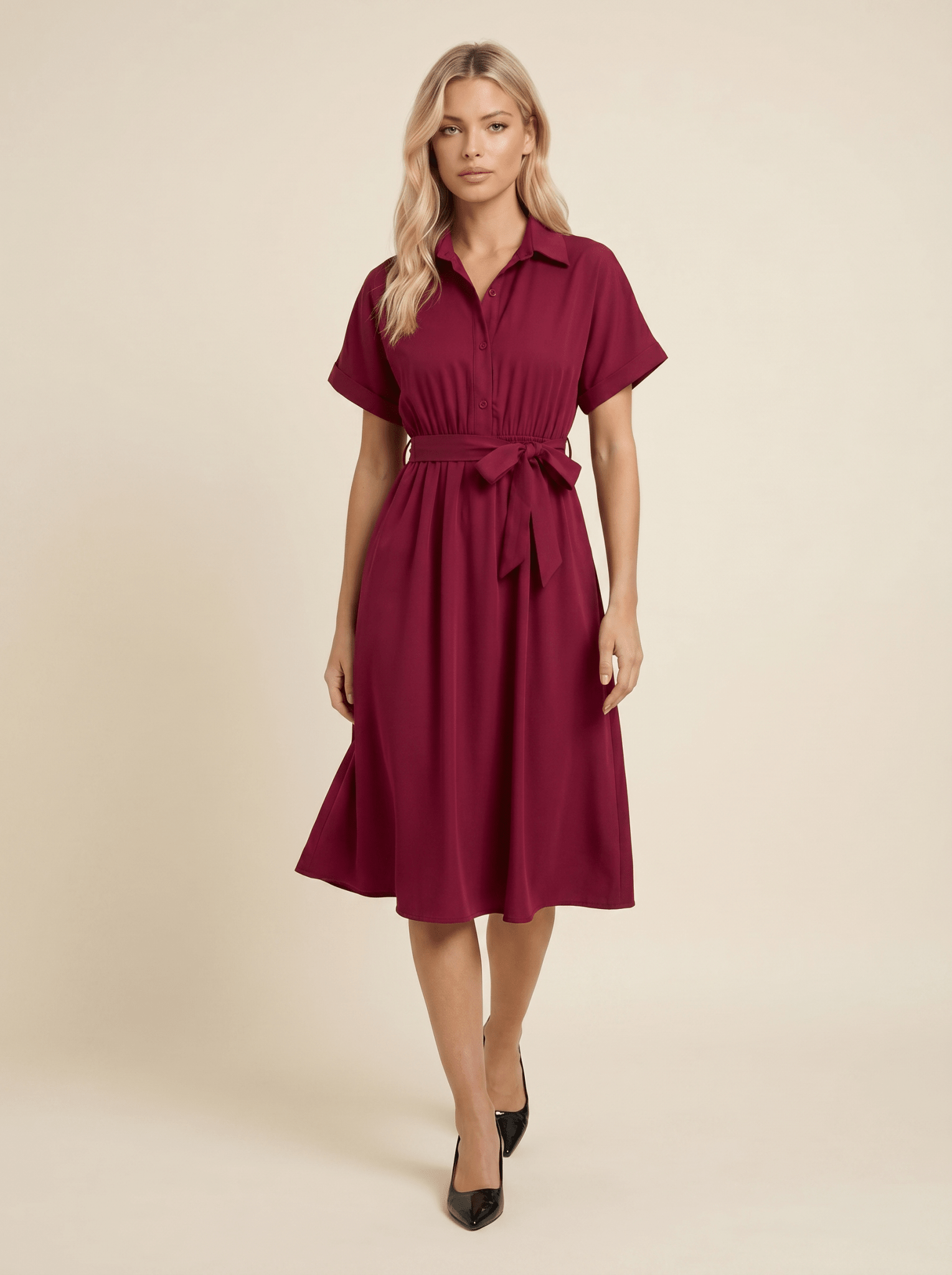Midi Dress Women Shirt Style Tie Belt Short Sleeve Fit - Evergreen Outfits- Women Midi Dress