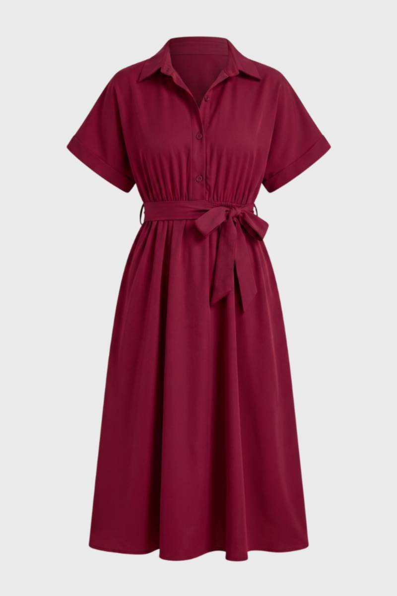 Midi Dress Women Shirt Style Tie Belt Short Sleeve Fit - Evergreen Outfits- Women Midi Dress